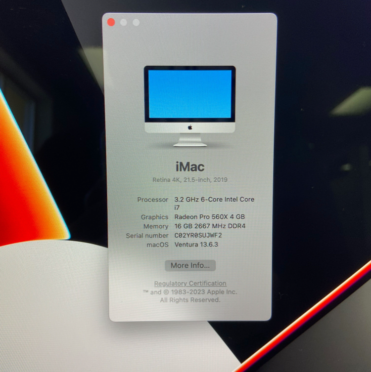 21.5" iMac 3.2GHz i7 6-Core 8GB / 512GB SSD / 4GB Video Card