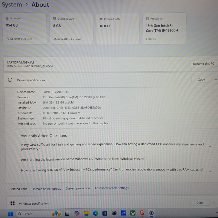16" Asus ROG Zephyrus M16 – i9-13900H / 16GB RAM / 1TB SSD / RTX 4070