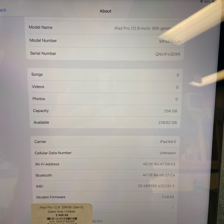 iPad Pro 12.9” (6th Gen) 256GB – Space Gray | Cellular